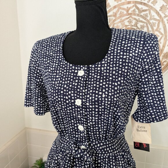 Vintage J.B. Wright Ltd Petites 80s Button Up Blue Polkadot Dress - Size 8 (NWT) - Picture 2 of 13
